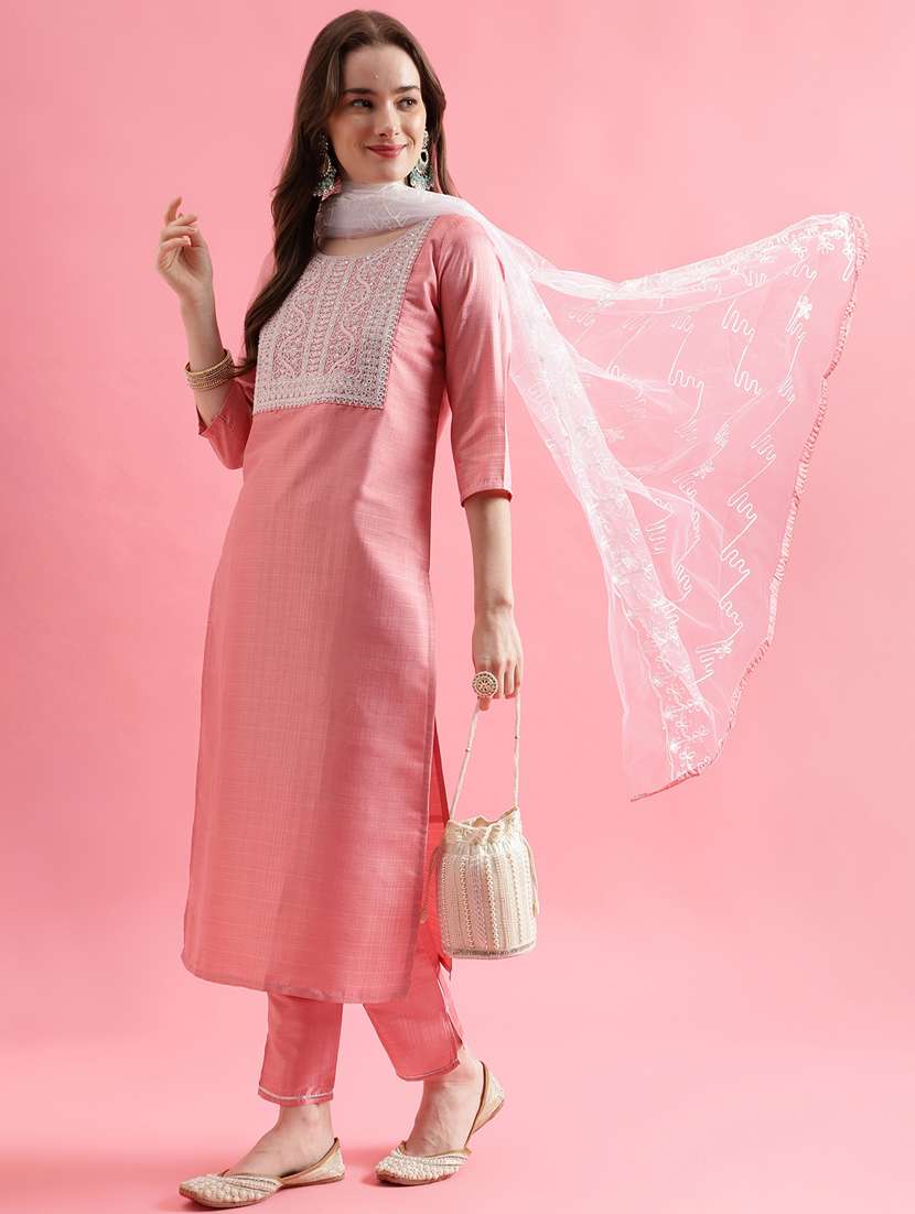 women three quarter sleeve kurta pant with dupatta set