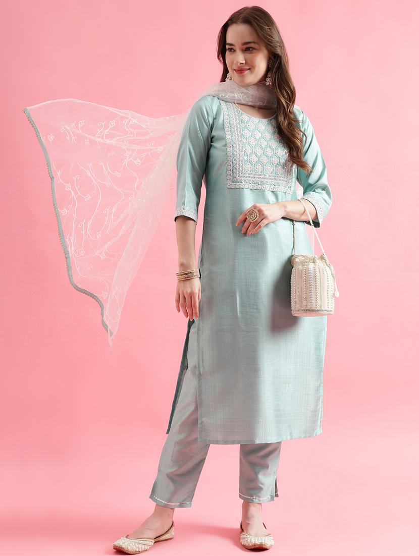 women three quarter sleeve kurta pant with dupatta set
