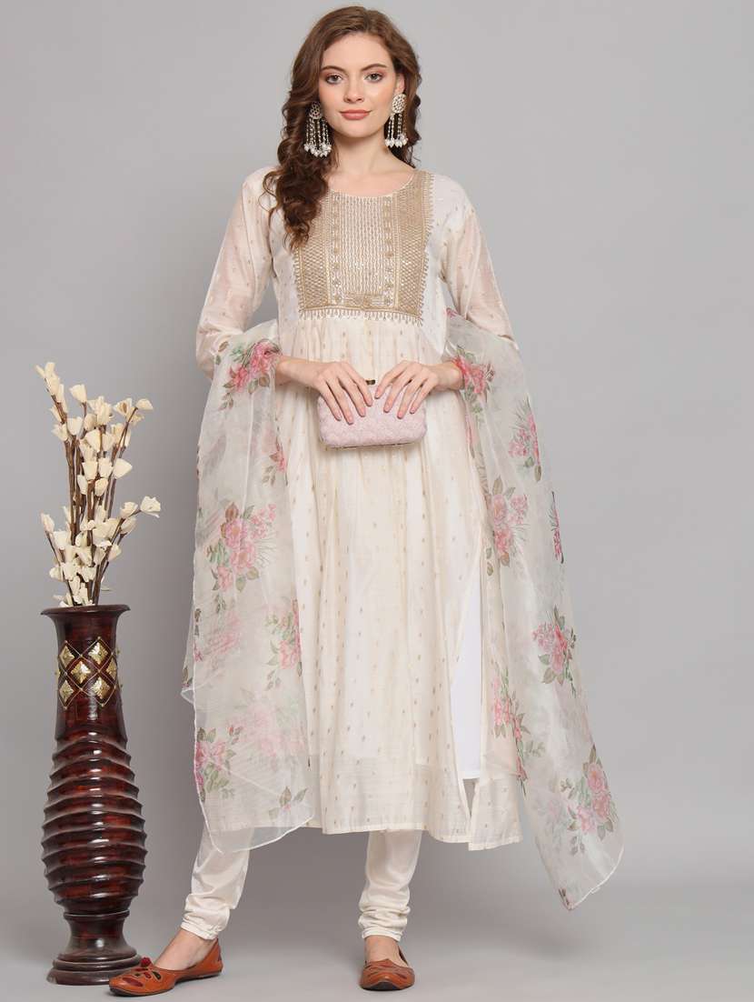 women three quarter sleeve kurta churidar with dupatta set