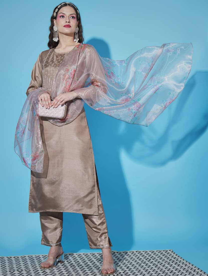 women three quarter sleeve kurta pant with dupatta set