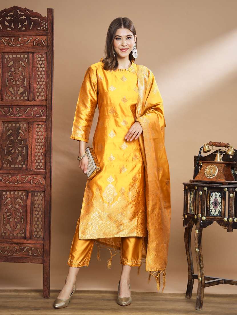 yellow colored kurta pant set