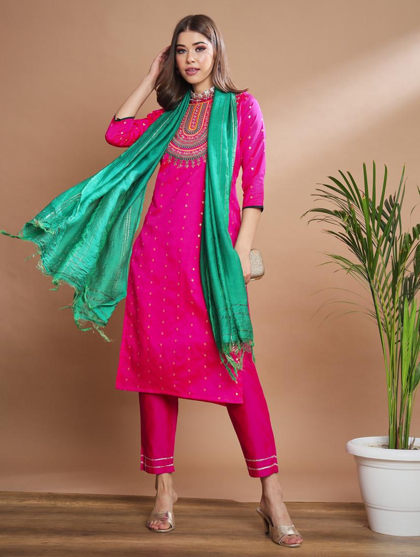 magenta colored kurta pant set