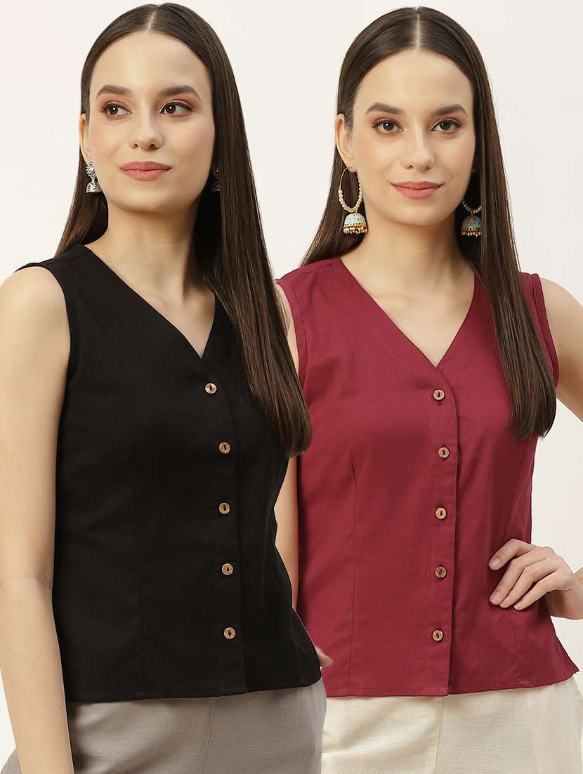 pack of 2 solid front open sleeveless blouse