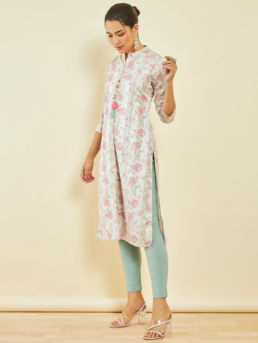 women white mandarin neck a-line kurta - 20331270 - Standard Image - 2