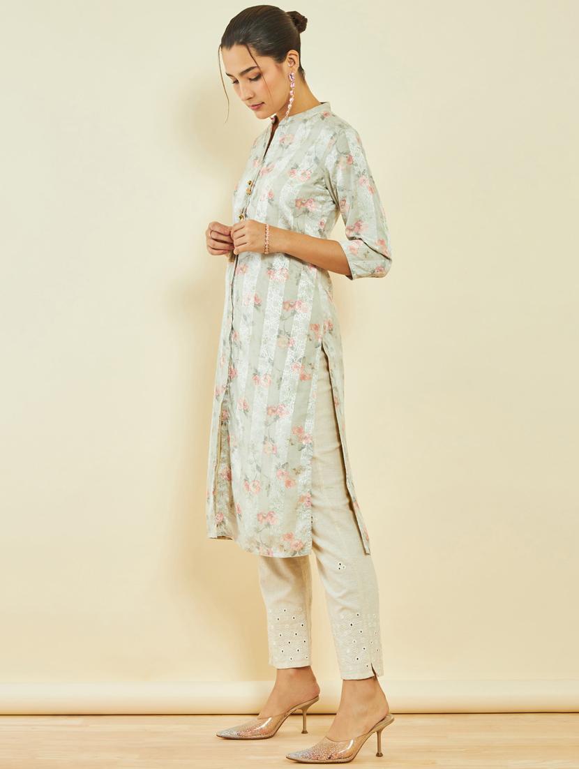 women green mandarin neck a-line kurta - 20331271 - Standard Image - 2