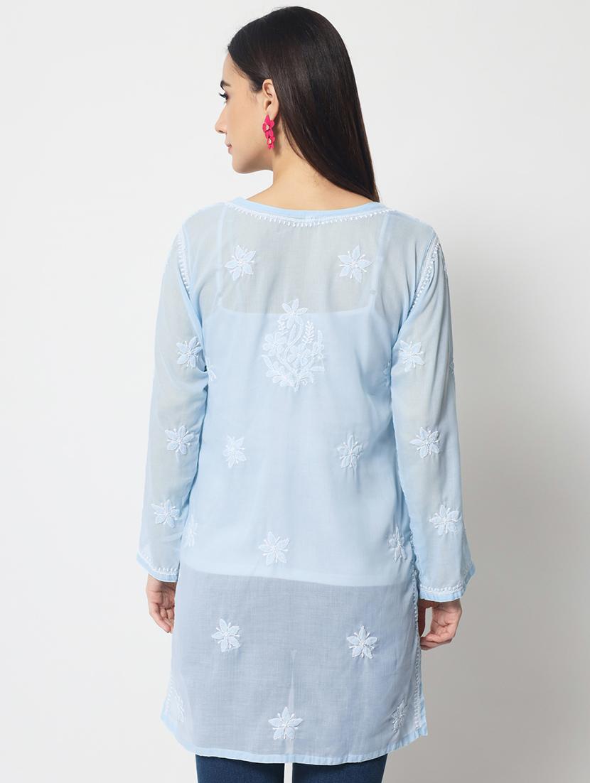 light blue long sleeve chikankari kurti - 20331675 - Standard Image - 2