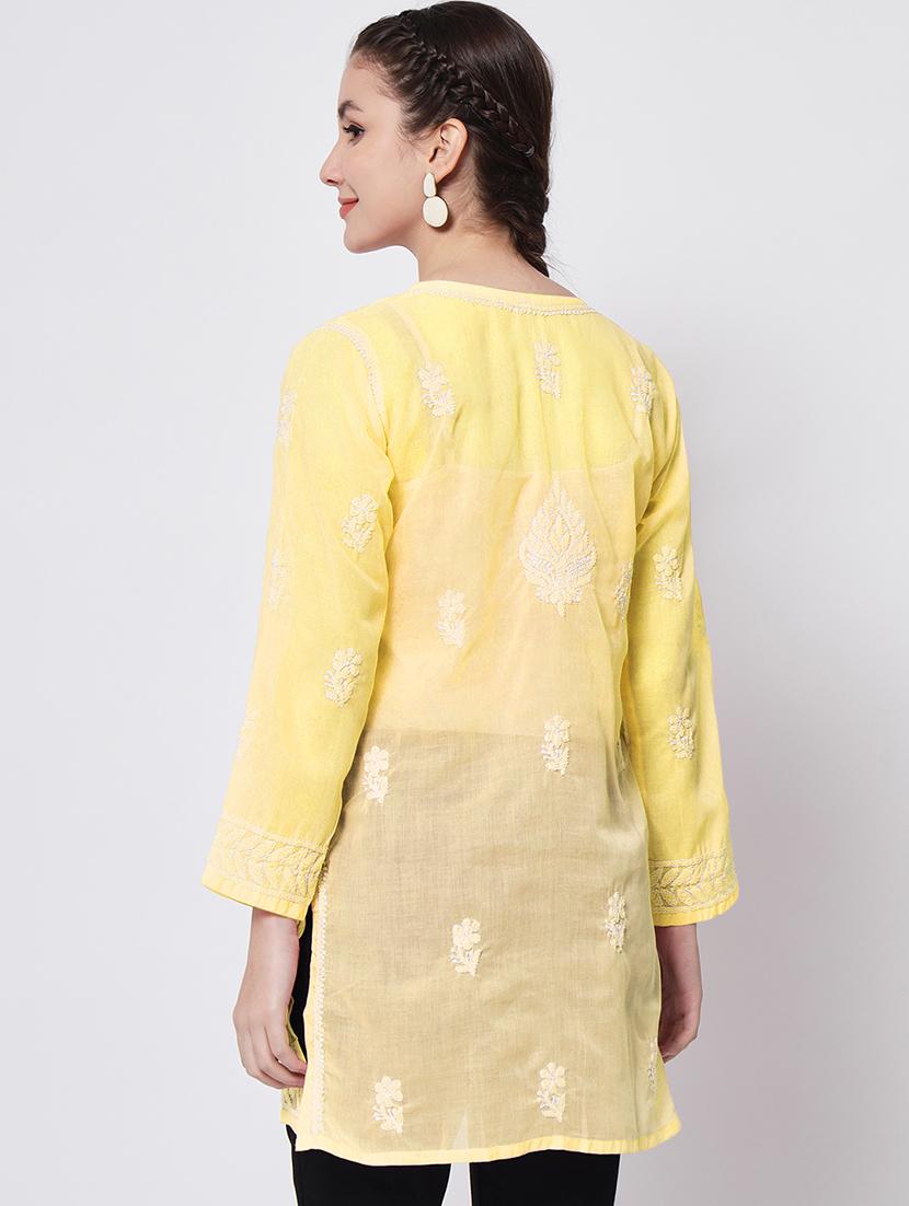 yellow chikankari embroidered short kurti - 20331679 - Standard Image - 2