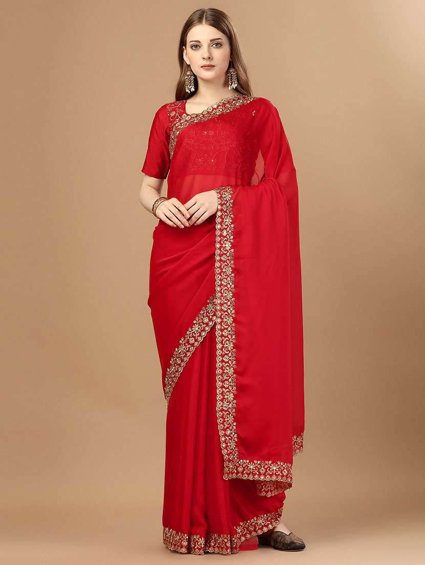 women solid with bordered saree with blouse