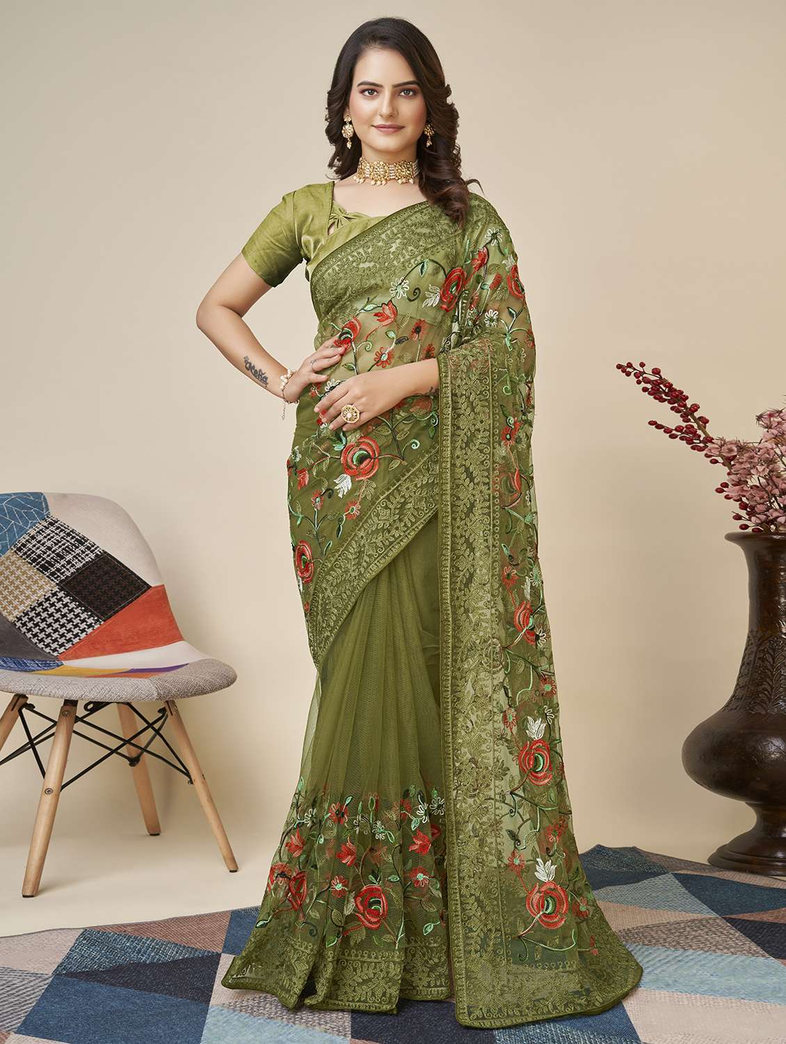 women's embroidered saree with blouse