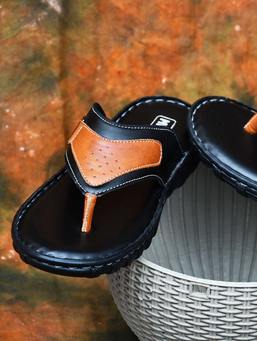 black leather toe separator slippers
