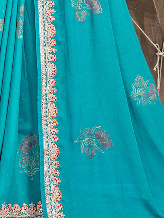 women's bordered turquoise colored saree with blouse - 20335336 - Standard Image - 2