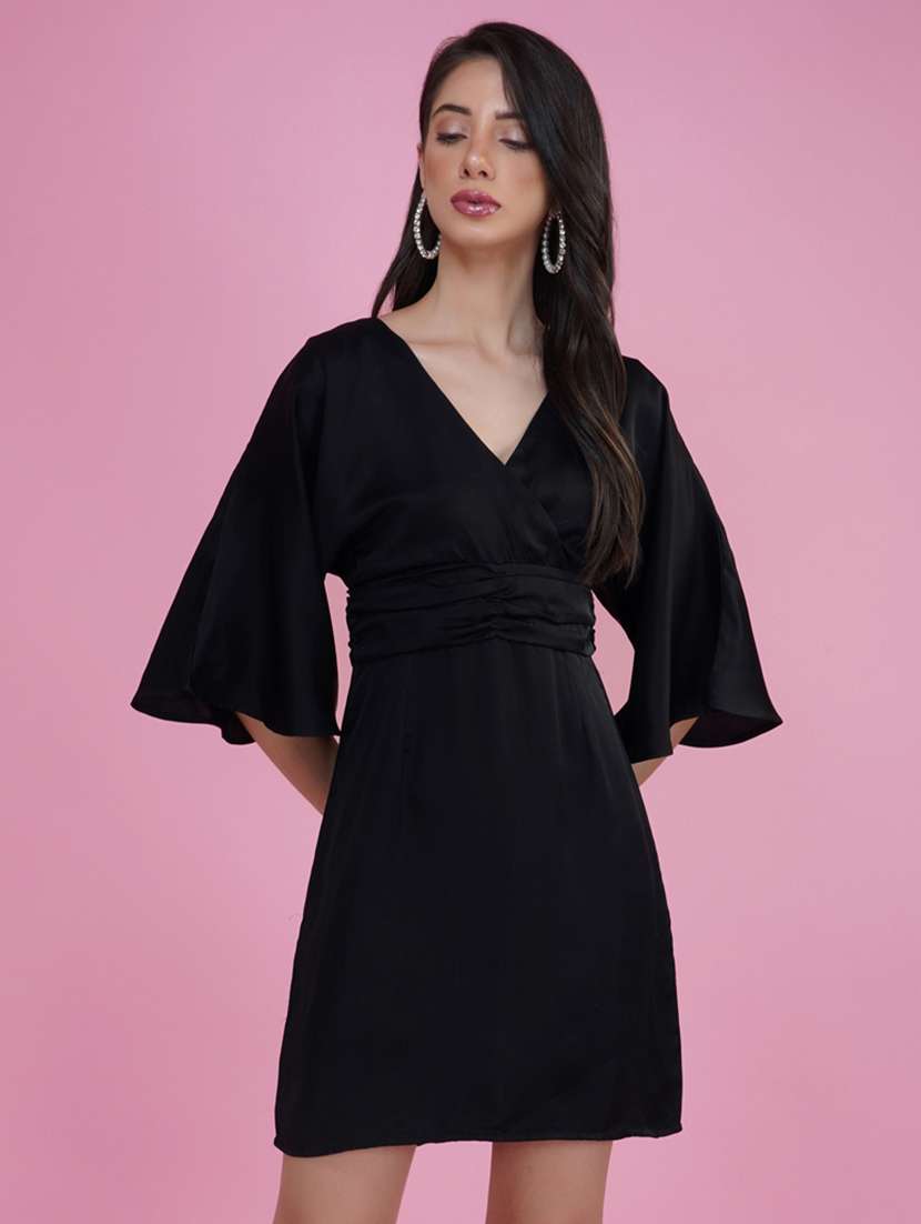 black solid flute sleeves shift dress