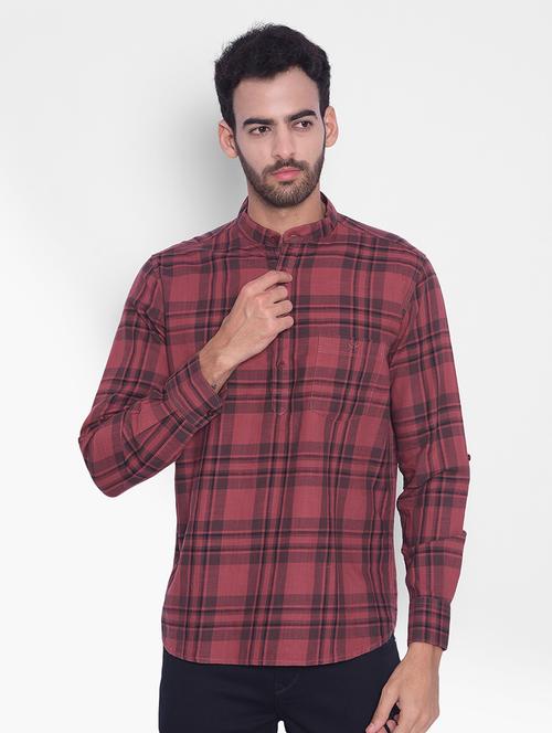 men maroon checks cotton short kurta - 20335427 - Standard Image - 0