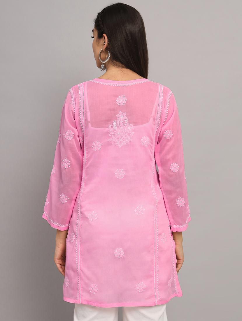 pink chikankari embroidered short kurti - 20335476 - Standard Image - 2
