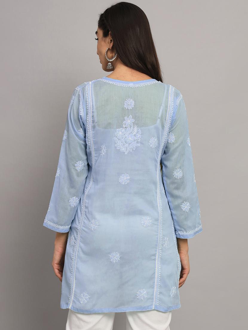 purist blue chikankari embroidered short kurti - 20335479 - Standard Image - 2