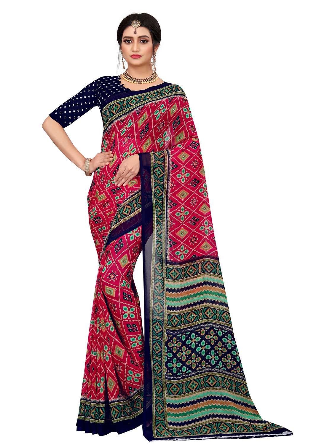 women's printed red colored saree with blouse
