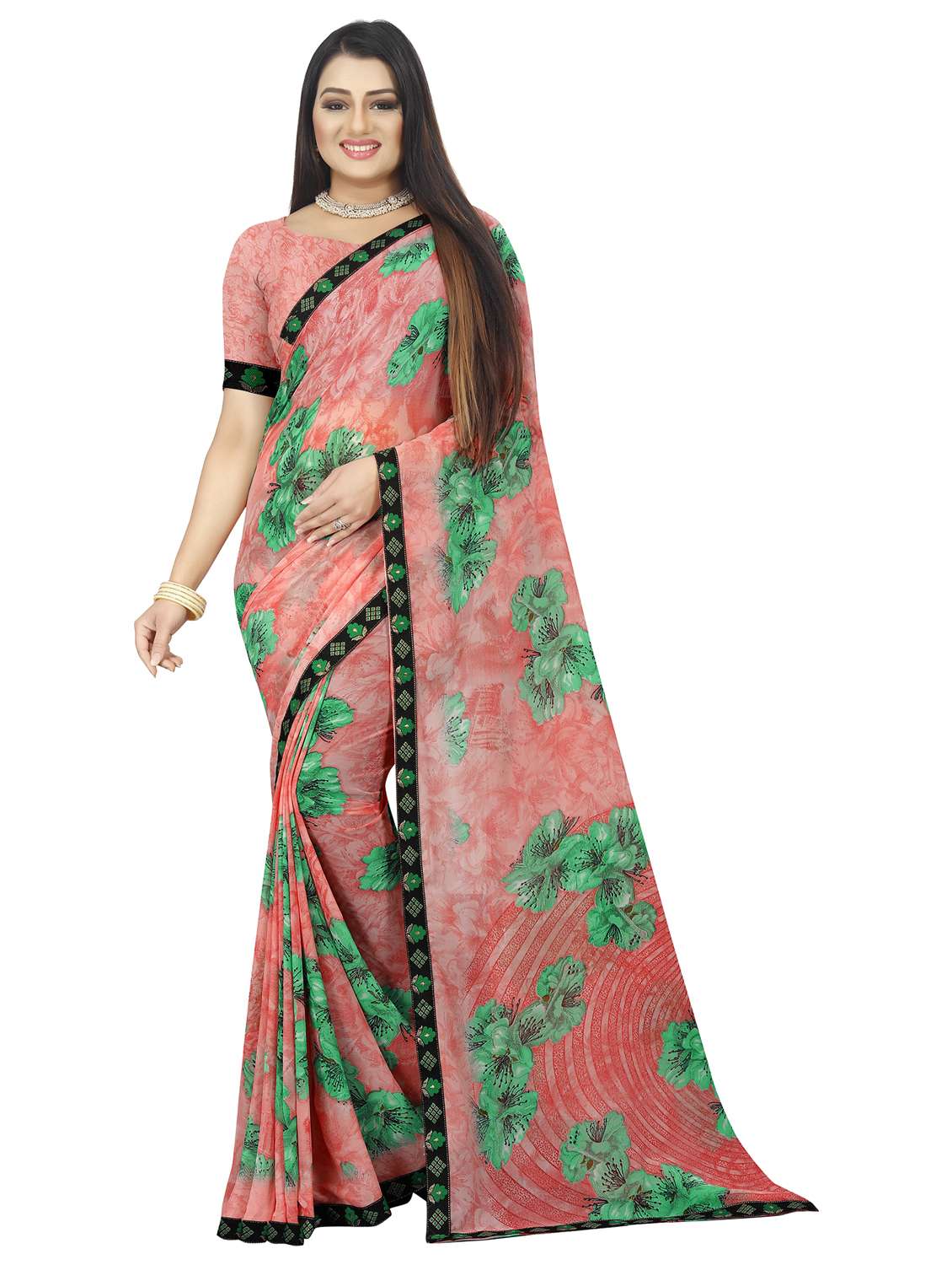 women's floral peach colored saree with blouse