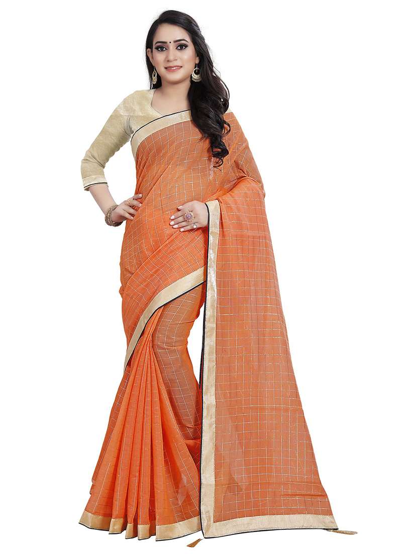 women's bordered orange colored saree with blouse