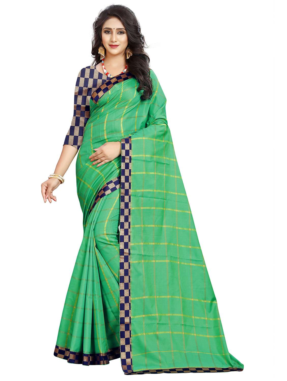 women's bordered green colored saree with blouse