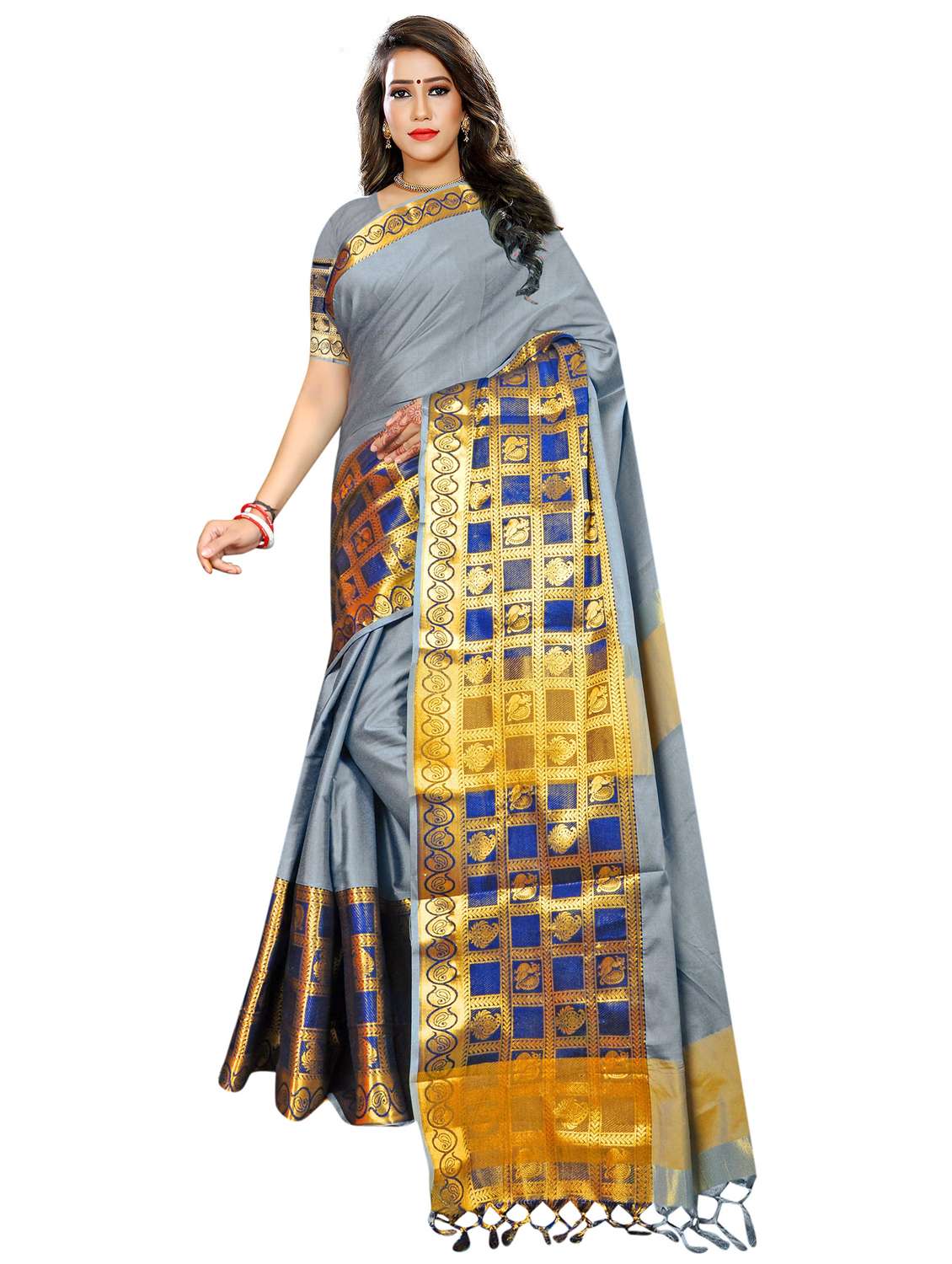 women solid with bordered saree with blouse