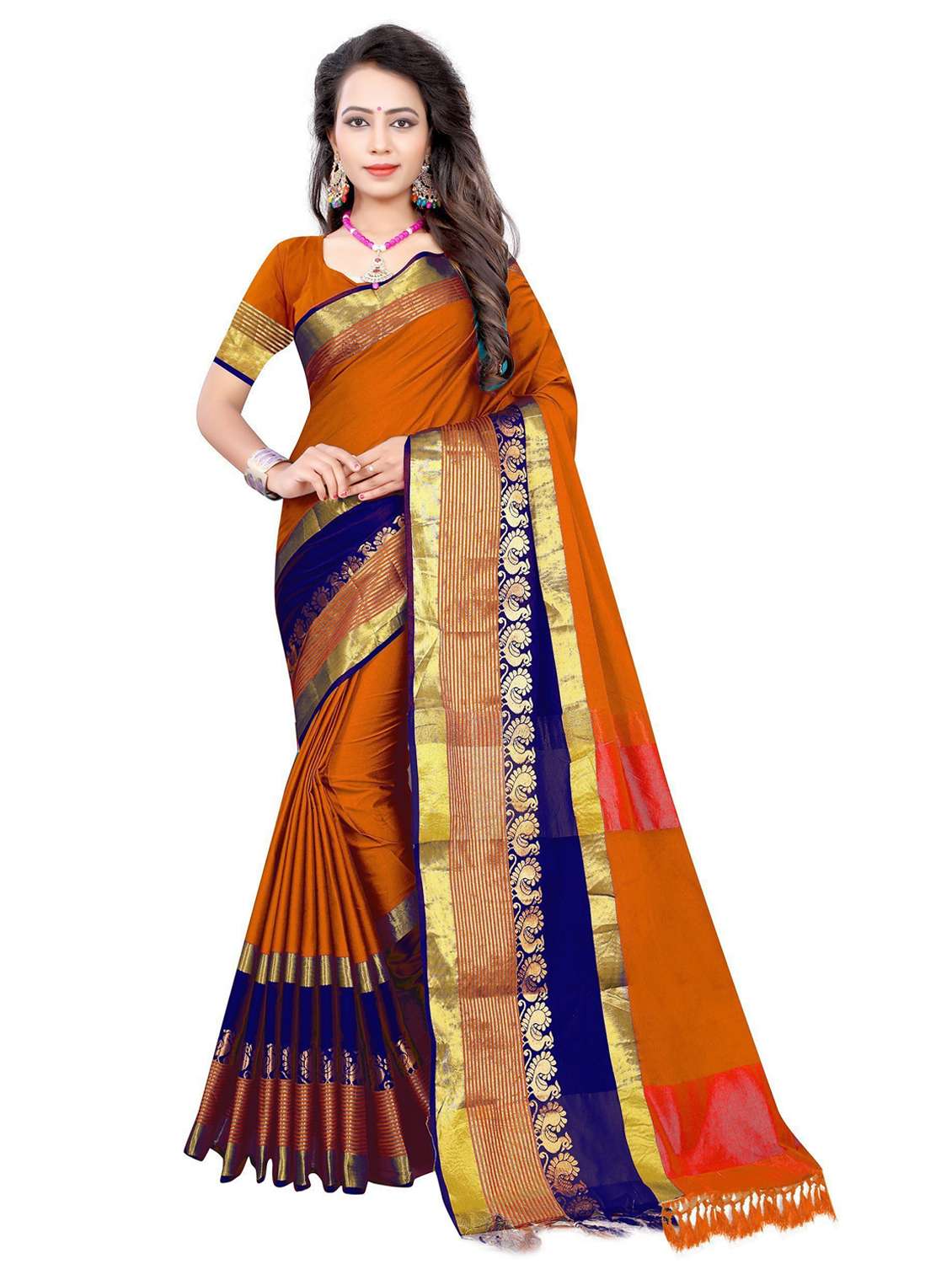 women's self design mustard colored saree with blouse