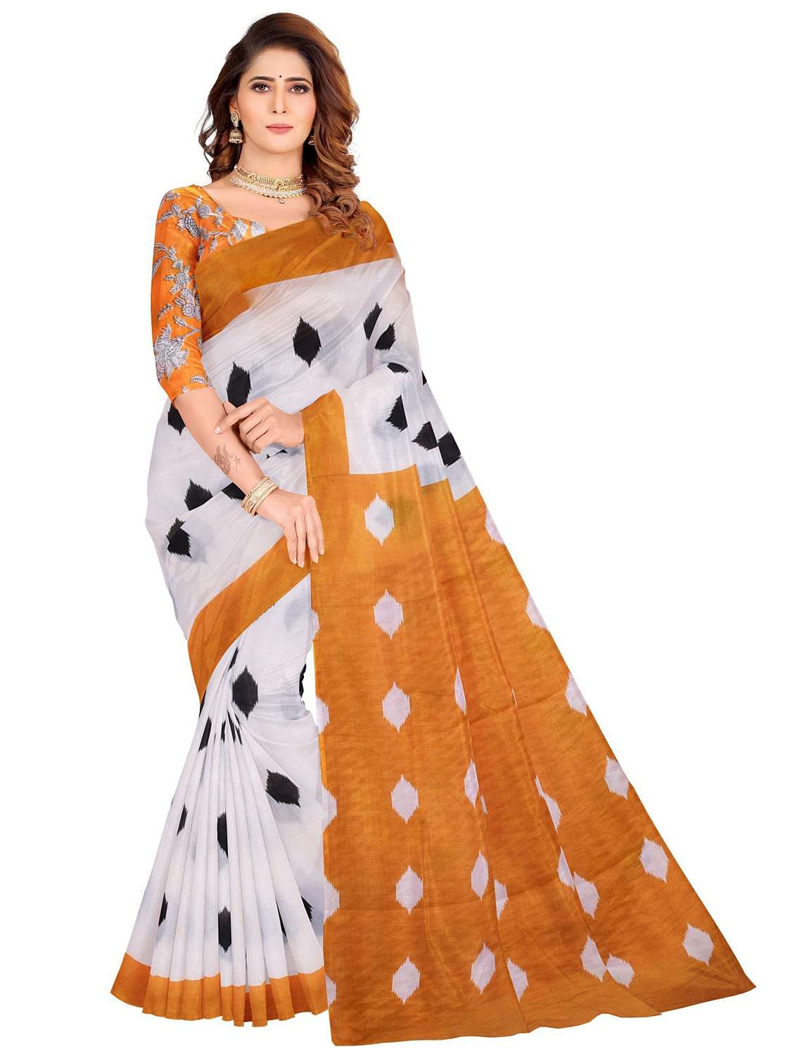 women's ikat white colored saree with blouse - 20336671 -  Zoom Image - 0