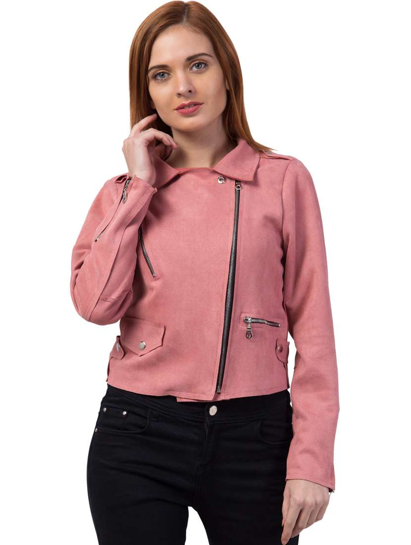 women pink faux leather summer jacket