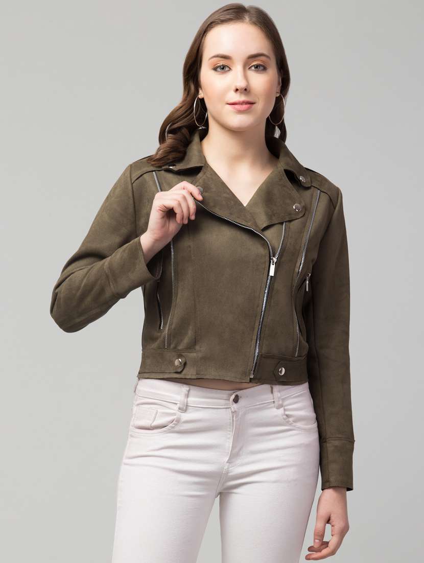 women brown faux leather summer jacket