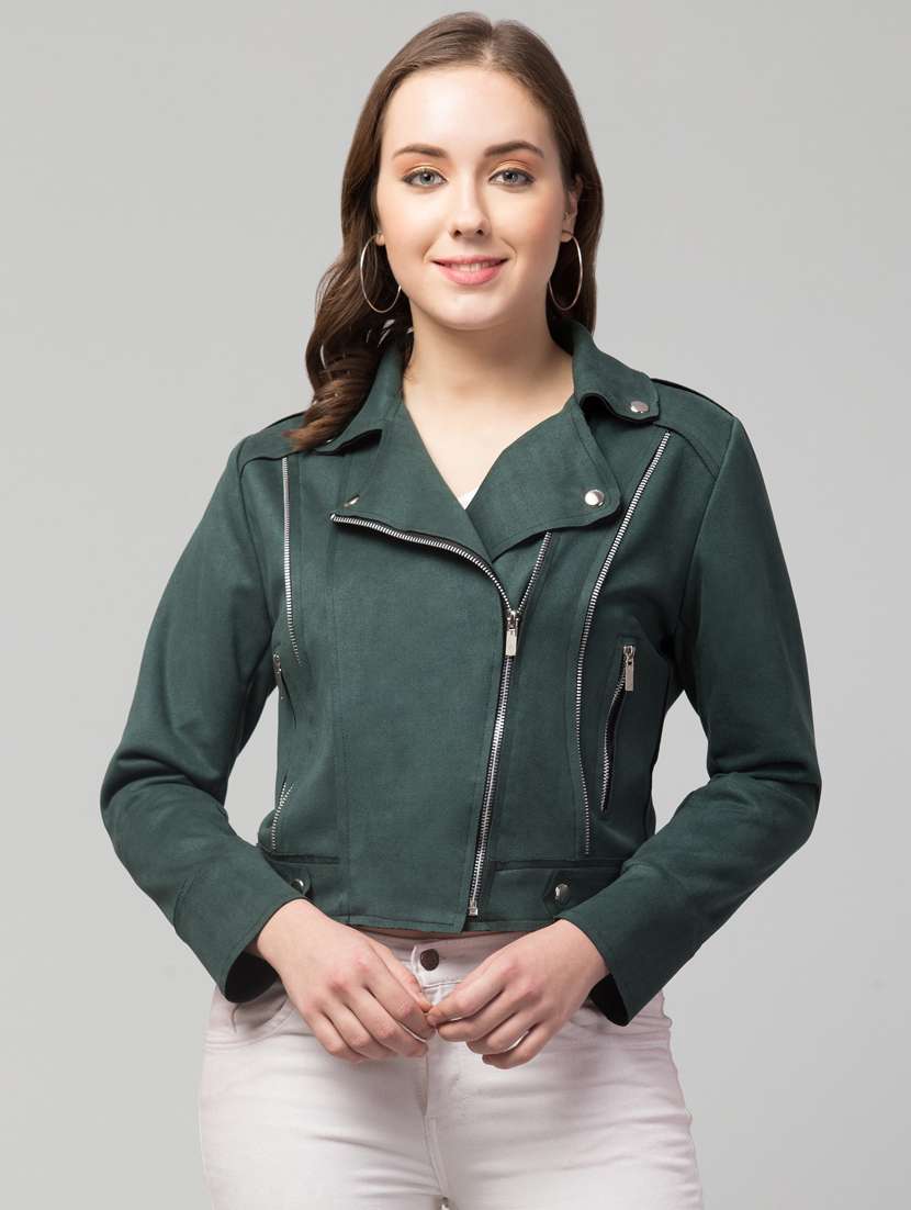 women green faux leather summer jacket
