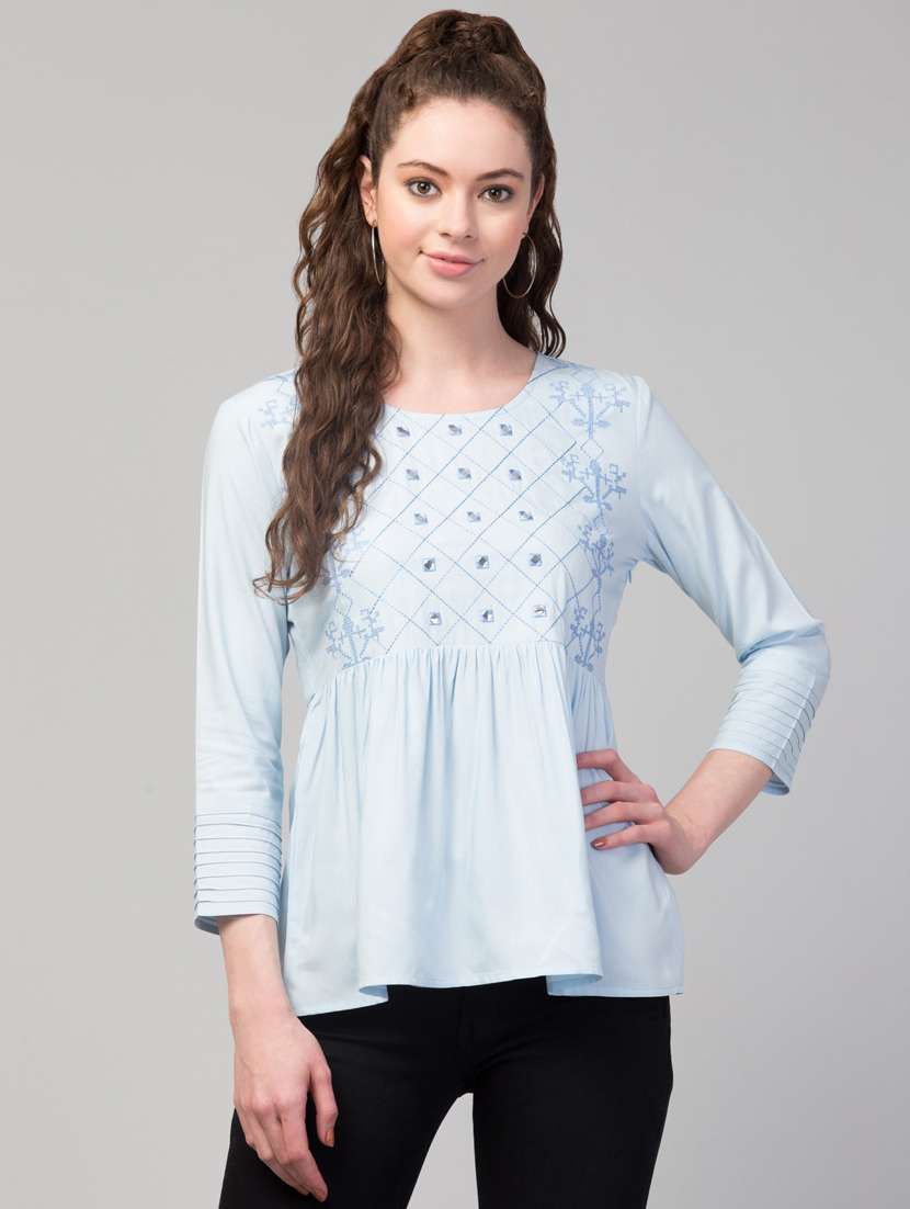 women blue cotton blend peplum top