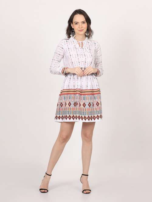 white printed tie up neck a-line dress - 20341029 -  Standard Image - 0