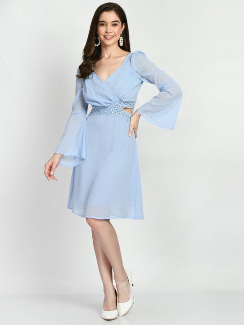 light blue solid nbell sleeves a-line dress - 20341040 -  Standard Image - 0