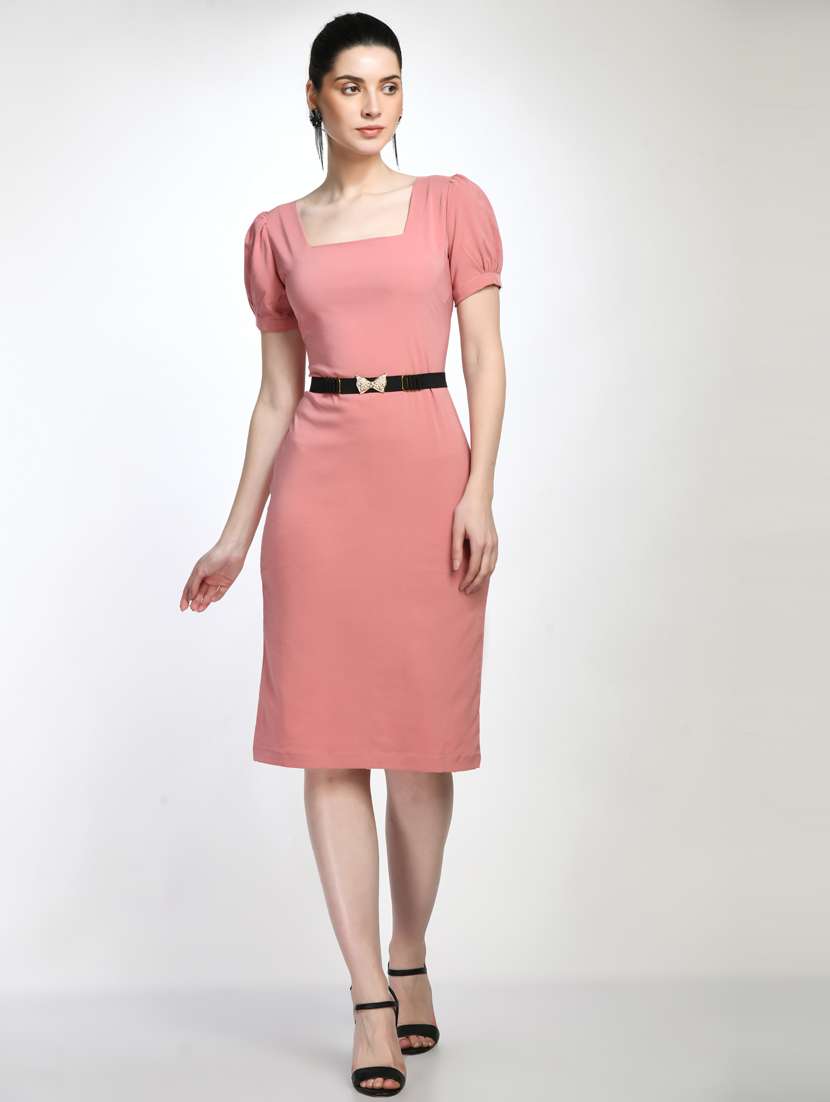 peach solid puff sleeves sheath dress