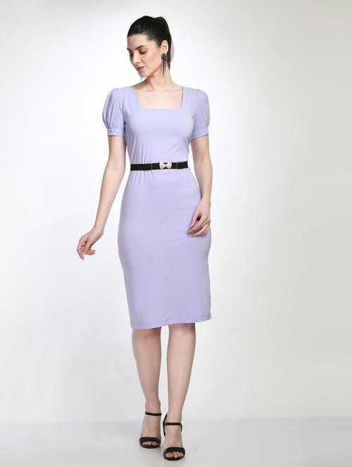 light blue solid puff sleeves bodycon dress - 20341045 - Standard Image - 0