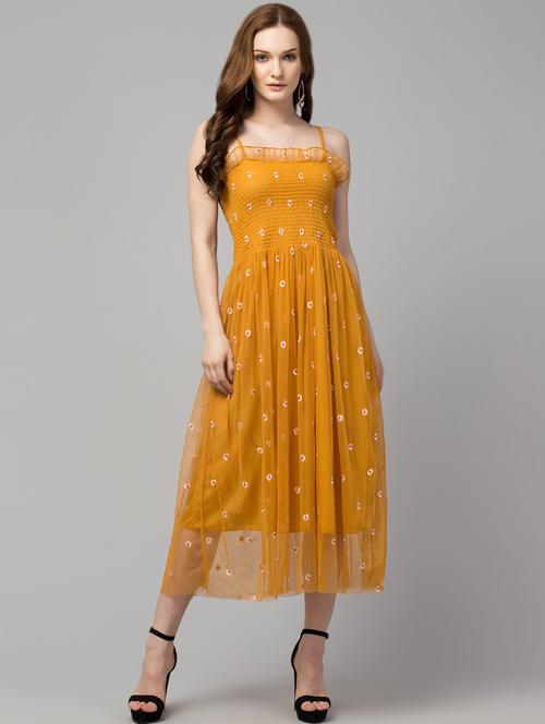 women mustard embroidered shoulder strap dress - 20341061 -  Standard Image - 0