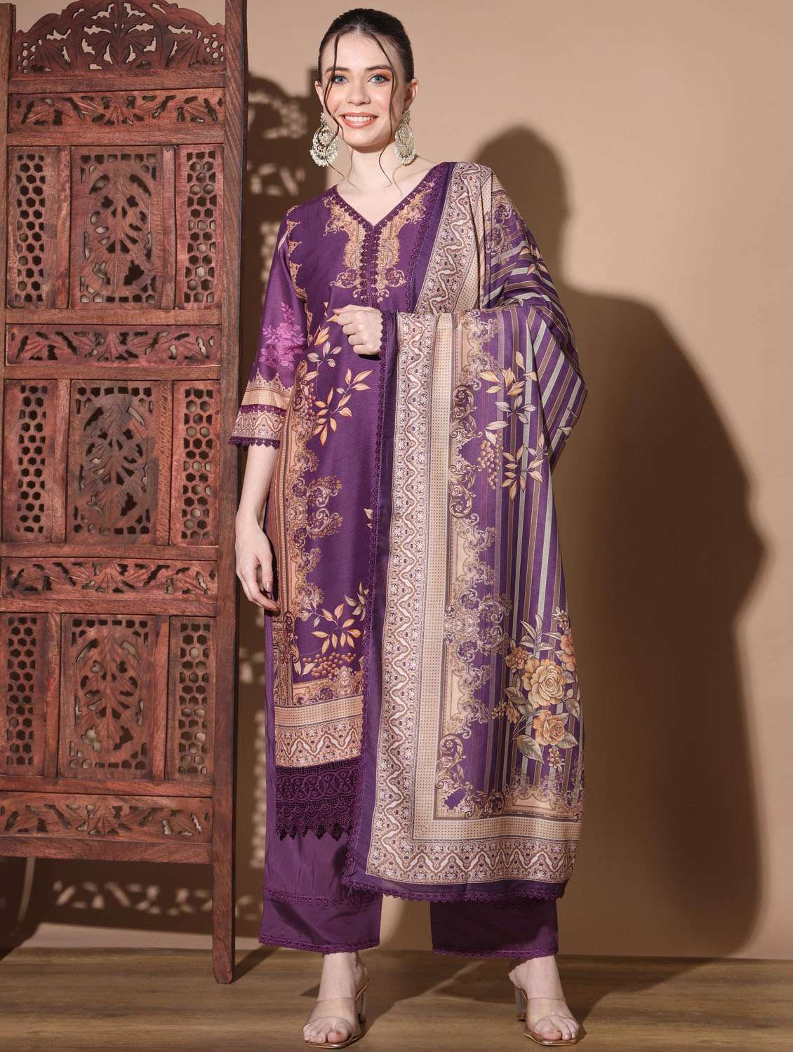 purple three quarter sleeve kurta palazzo set