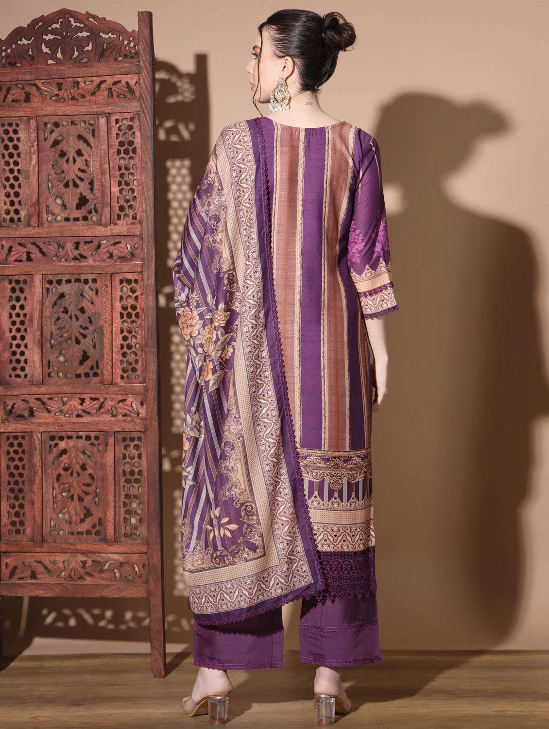purple three quarter sleeve kurta palazzo set - 20342318 - Standard Image - 2