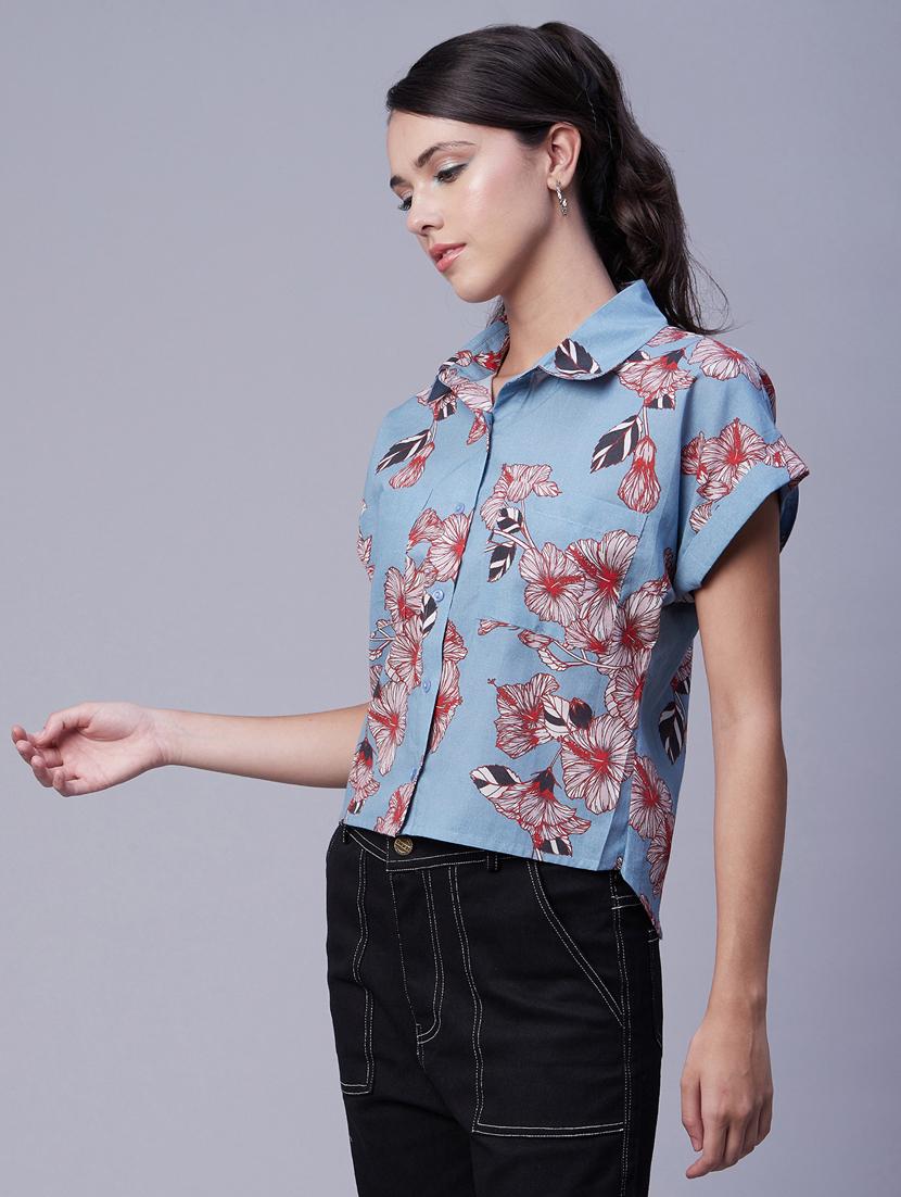 blue floral print shirt collar top - 20342321 - Standard Image - 2