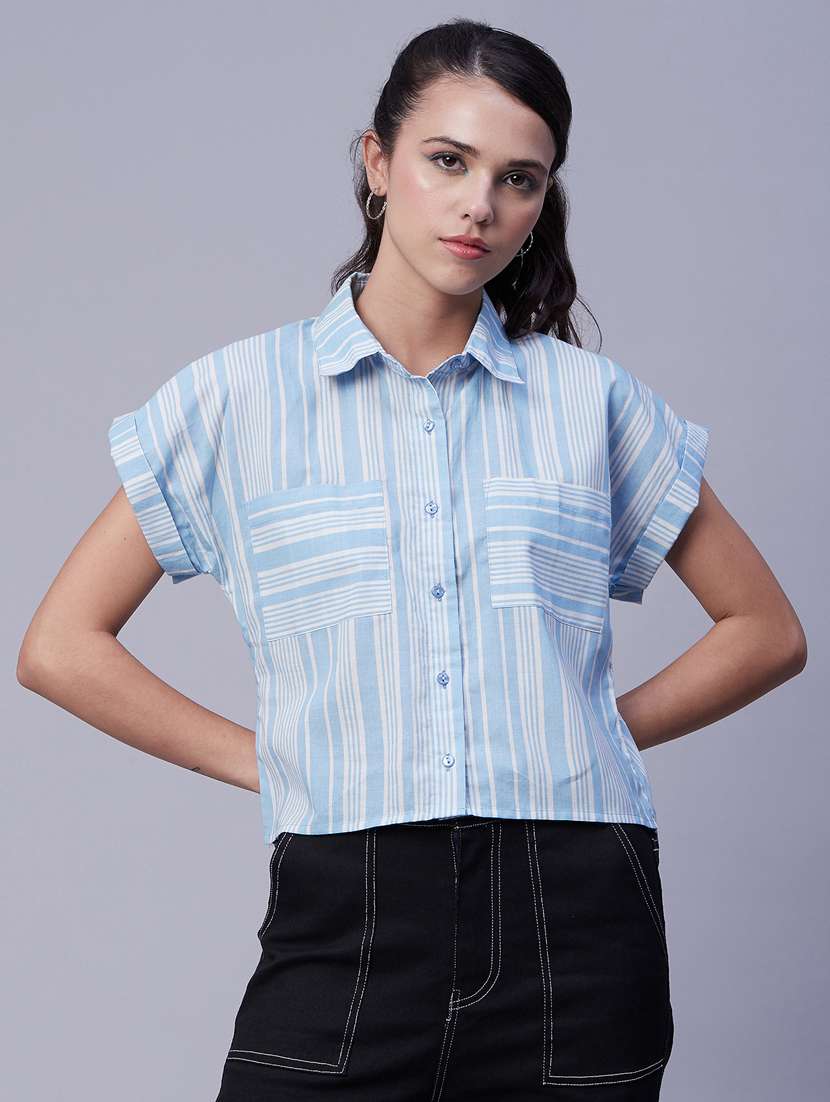 light blue striped shirt collar top