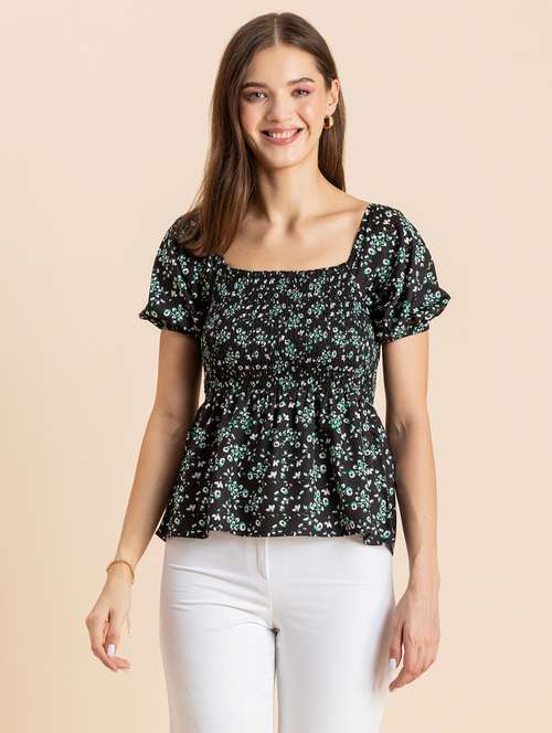 black printed puff sleeves peplum top - 20342327 -  Standard Image - 0