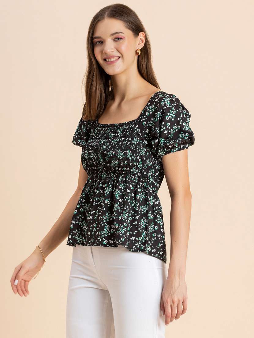black printed puff sleeves peplum top - 20342327 - Standard Image - 2