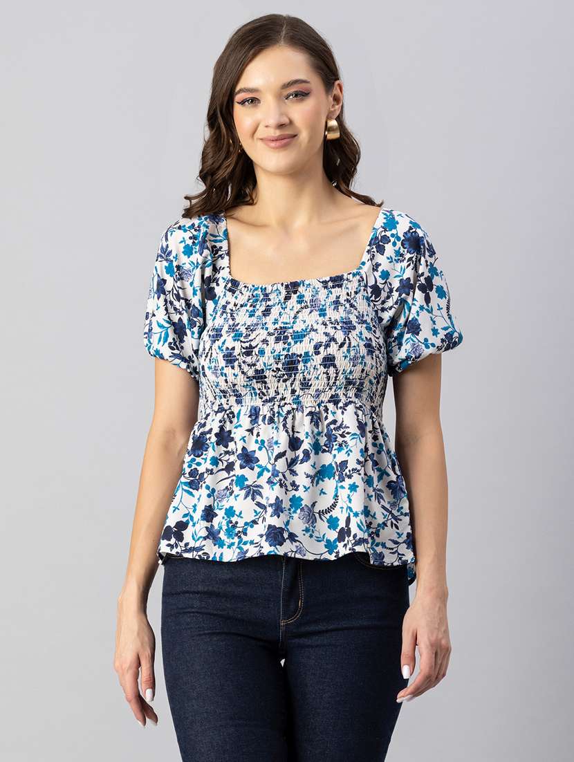 white floral print puff sleeves peplum top