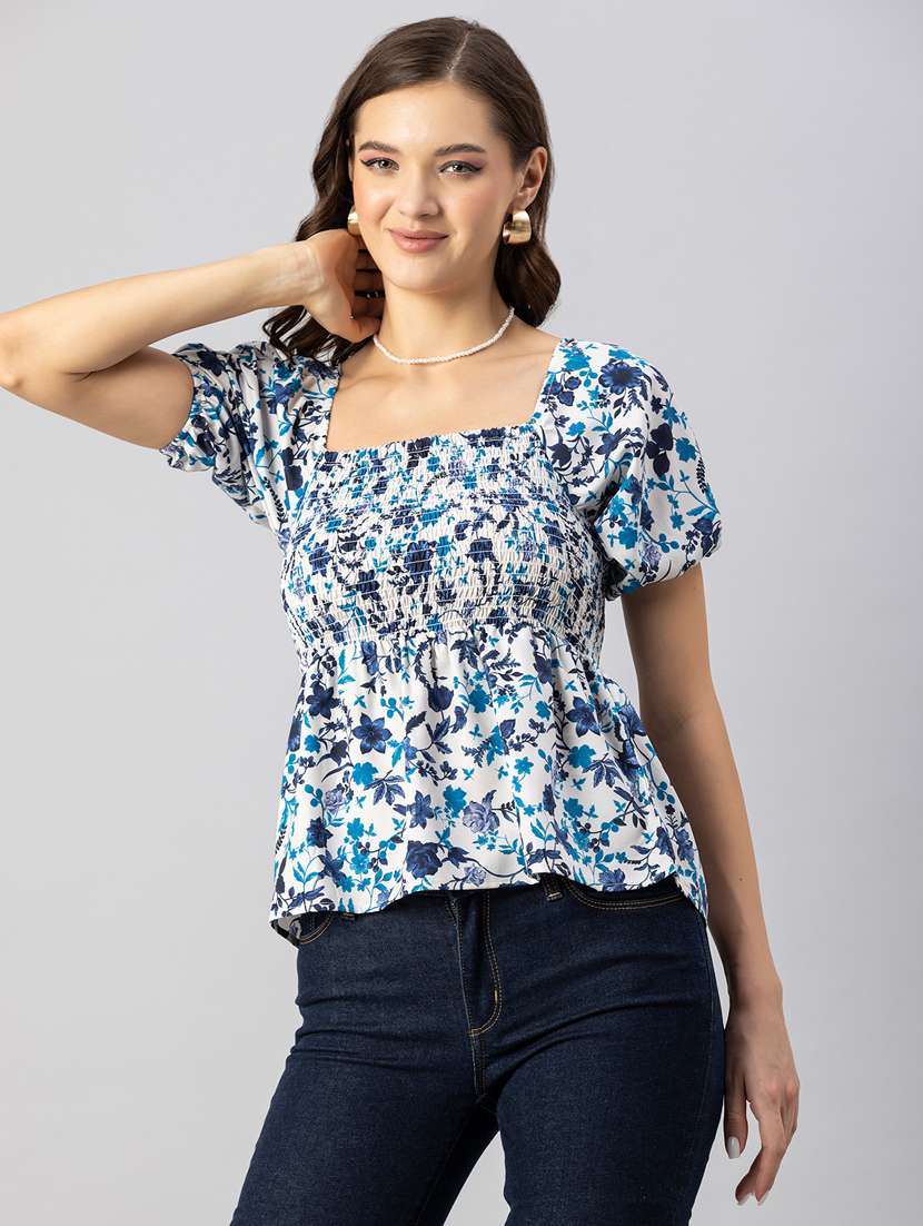white floral print puff sleeves peplum top - 20342328 -  Standard Image - 2