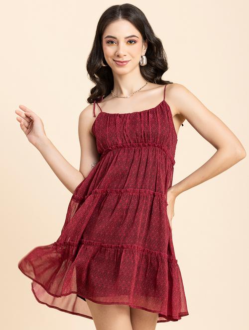 burgundy printed tiered dress  - 20342362 -  Standard Image - 0
