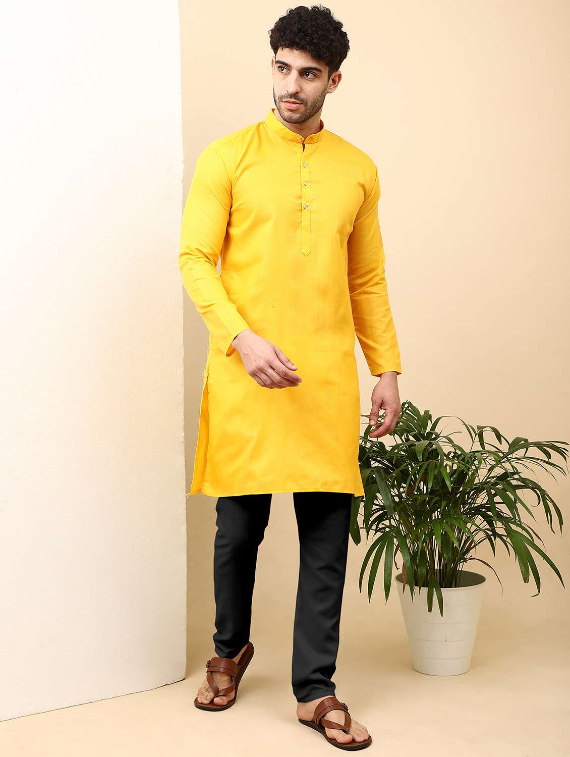 men yellow solids kurta pyjama sets