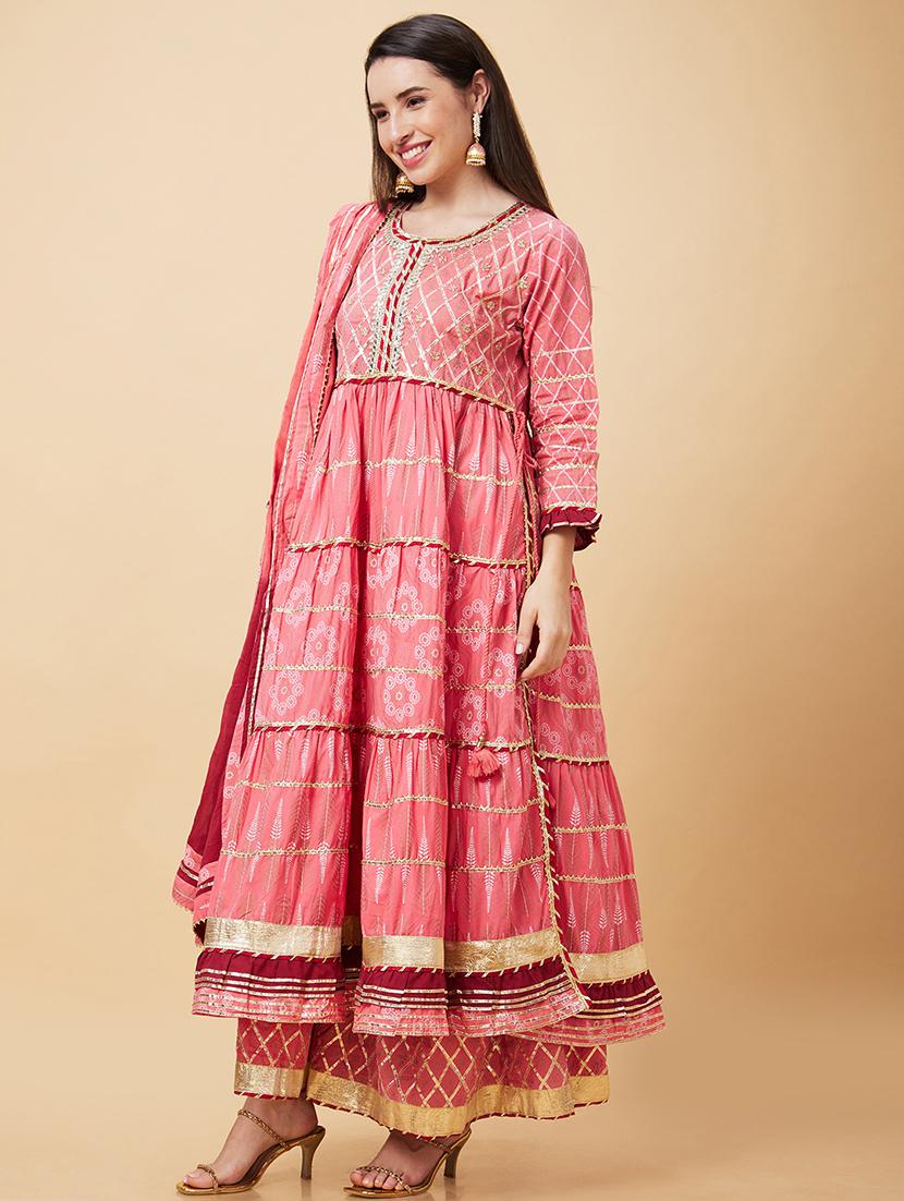 globus women pink gotta patti & allover printed pleated tiered anarkali kurta with sharara & dupatta - 20343214 - Standard Image - 2