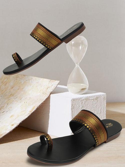 women black with golden strap one toe sandal - 20344198 - Standard Image - 0