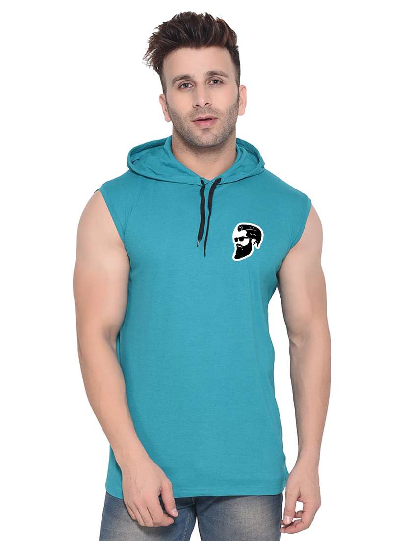 men chest print sleeveless hooded t-shirt