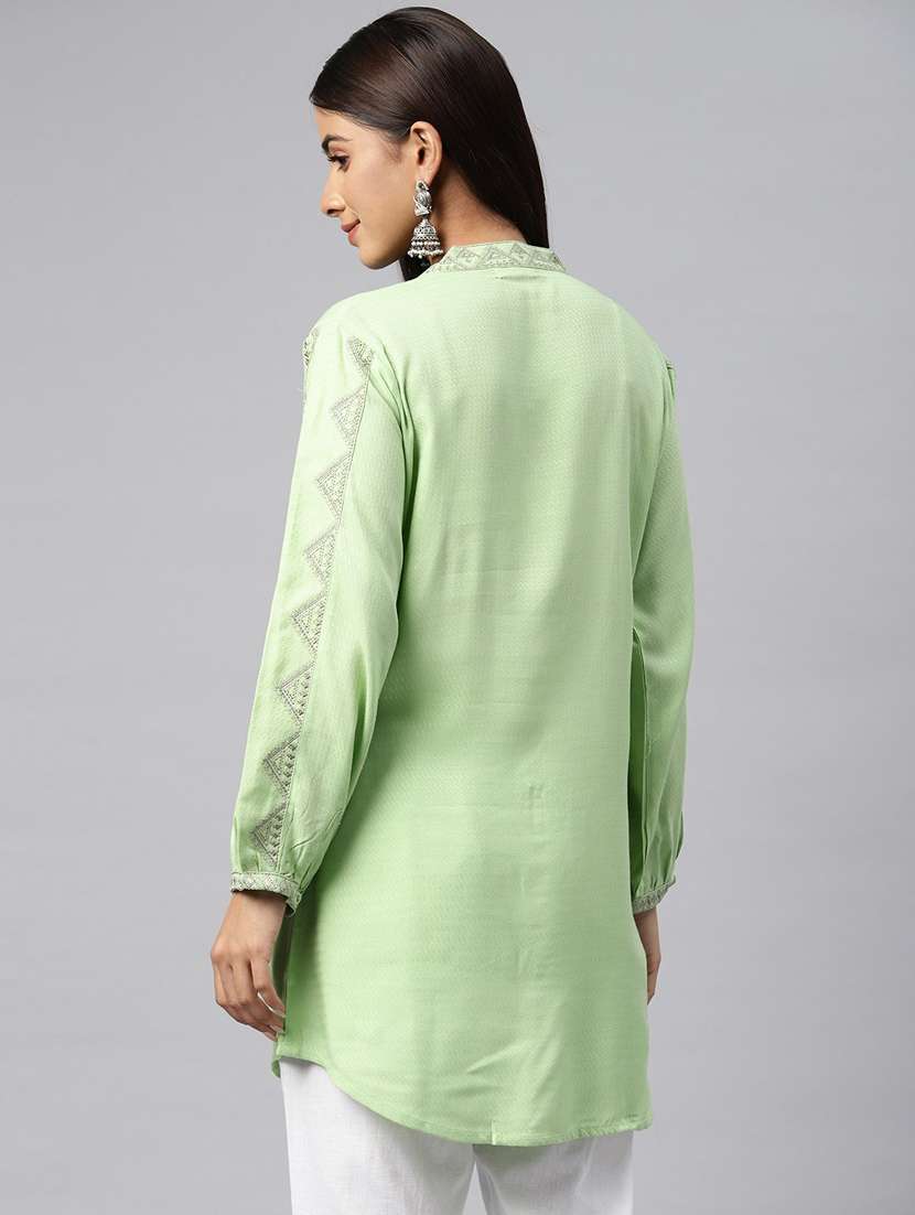 women green mandarin neck a-line kurti - 20345236 -  Standard Image - 2