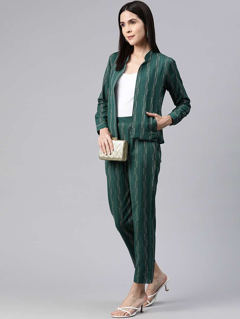 bottle green self design blazer and trousers co-ord - 20346198 -  Standard Image - 2